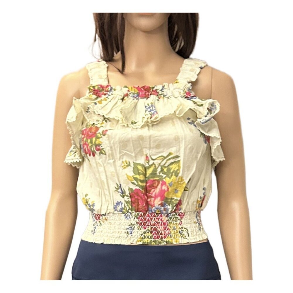 House of Harlow 1960 Women's Smocked Ruffle Tank Top Size XS Ivory Floral NWT